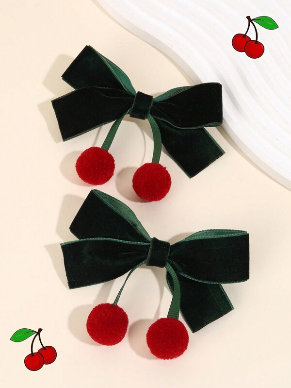 2 Stück Kirsche Haarschleifen für Mädchen, dunkelgrüne Samt Haarschleifen Clips, süße Haarclips mit Kirsche Schleifen, niedliche Schleifen-Clips für Zöpfe, bezaubernde Kirsche Barrettes, Kinderhaaraccessoires