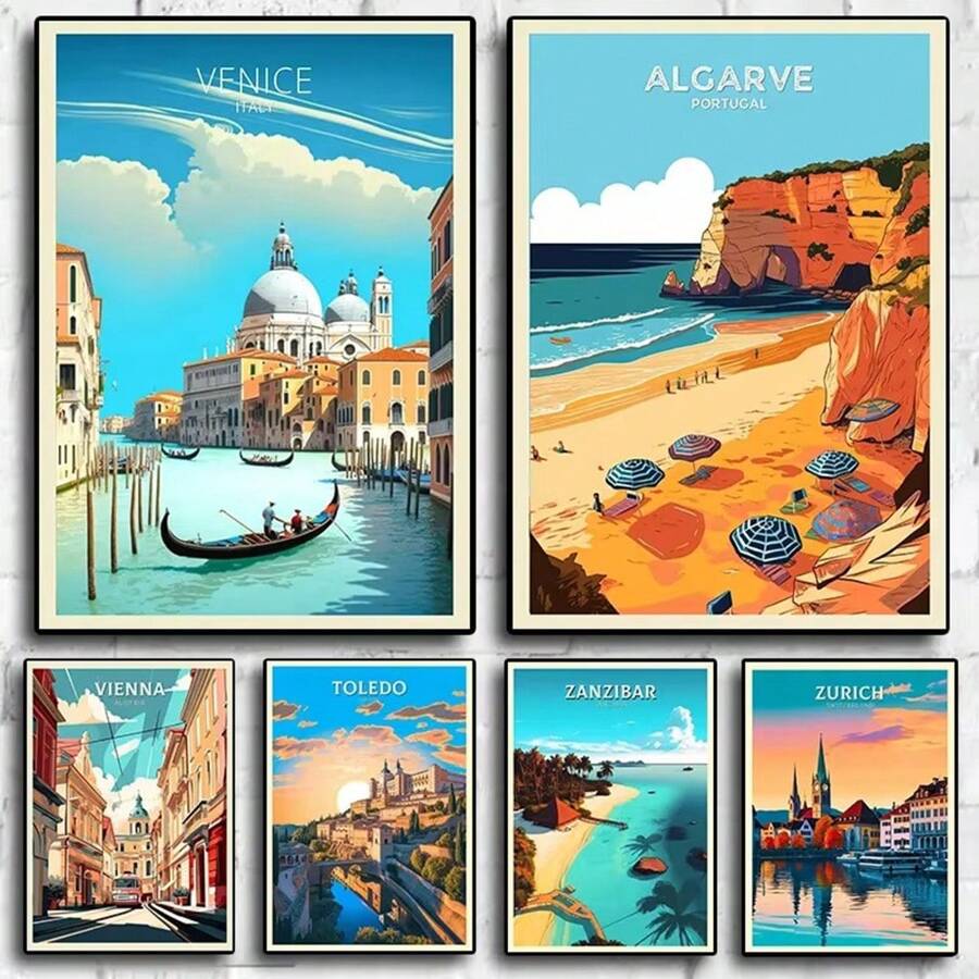 1pc Nordic Retro Holiday Travel City Venice Algarve Travel Pictures Room Life Canvas Painting Printing Artist Home Wall Decoration Poster Canvas Unframed,Wall Art Coastal Decor Coastal Decor Beach Decor