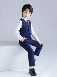 Bộ 3 món vest + quần + cà vạt cho bé trai, trang phục trang trọng phù hợp cho buổi biểu diễn ở trường, chú bé hầu bàn trong đám cưới, sự kiện ngày lễ, mùa thu - Màu xanh lam - Xem 2