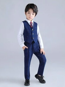 Bộ 3 món vest + quần + cà vạt cho bé trai, trang phục trang trọng phù hợp cho buổi biểu diễn ở trường, chú bé hầu bàn trong đám cưới, sự kiện ngày lễ, mùa thu - Màu xanh lam - Xem 1