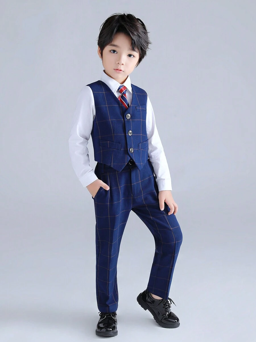 Bộ 3 món vest + quần + cà vạt cho bé trai, trang phục trang trọng phù hợp cho buổi biểu diễn ở trường, chú bé hầu bàn trong đám cưới, sự kiện ngày lễ, mùa thu - Màu xanh lam - Xem 1