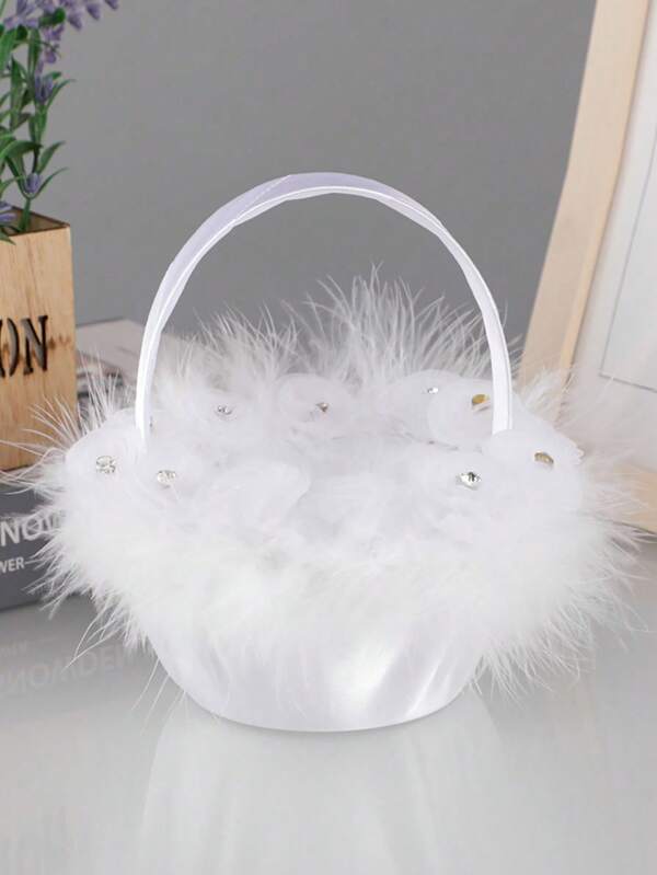 1pc Wedding Flower Basket Bridal Flower Girl Bouquet Basket With Lace & Pearls, For Wedding Decoration Or Baby Photography Prop
