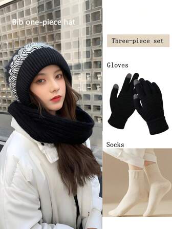 1set Women Winter Warm Knitted Hat, Scarf, Gloves & Socks Set, Fashion Accessory And Windproof Outdoor Outfit