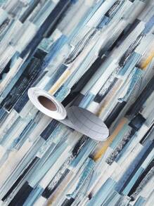 1卷蓝白几何油画风格壁纸现代条纹接触纸自粘可移除防水壁纸适用于橱柜搭接装饰人字形壁纸抽屉儿童，翻新贴纸剥离墙板，墙纸，壁纸，春季装饰物品刷新你的家，拉玛装饰贴纸 - 藍色 - 查看 5