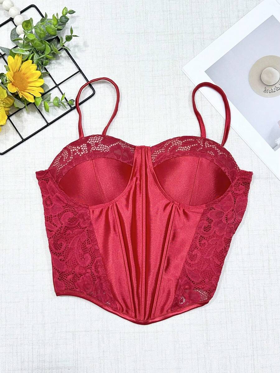 High Quality Lace Crop Top With Back Zipper - 紅色 - 查看 1