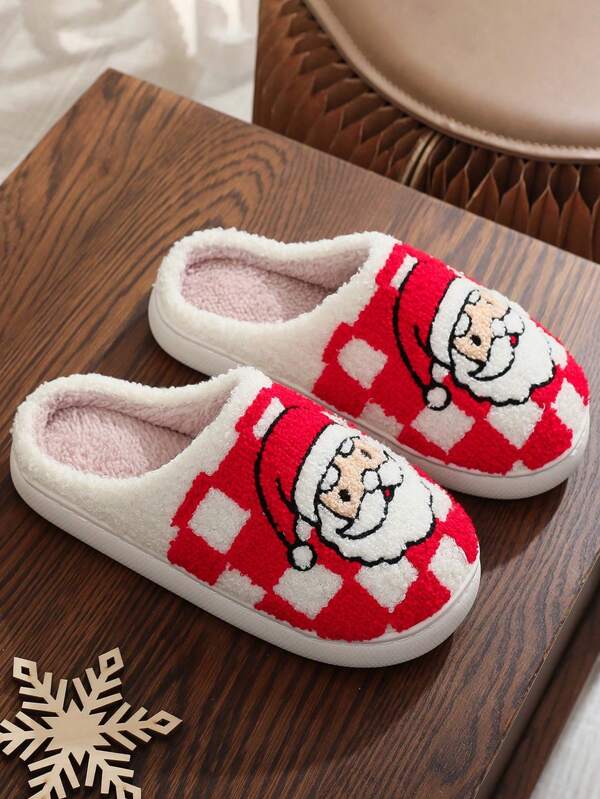 Nuovi pantofole invernali in tessuto per uomo, donna e coppie, stile europeo e americano con stampa di Babbo Natale su plaid rosa e rosso, ideali per uso domestico