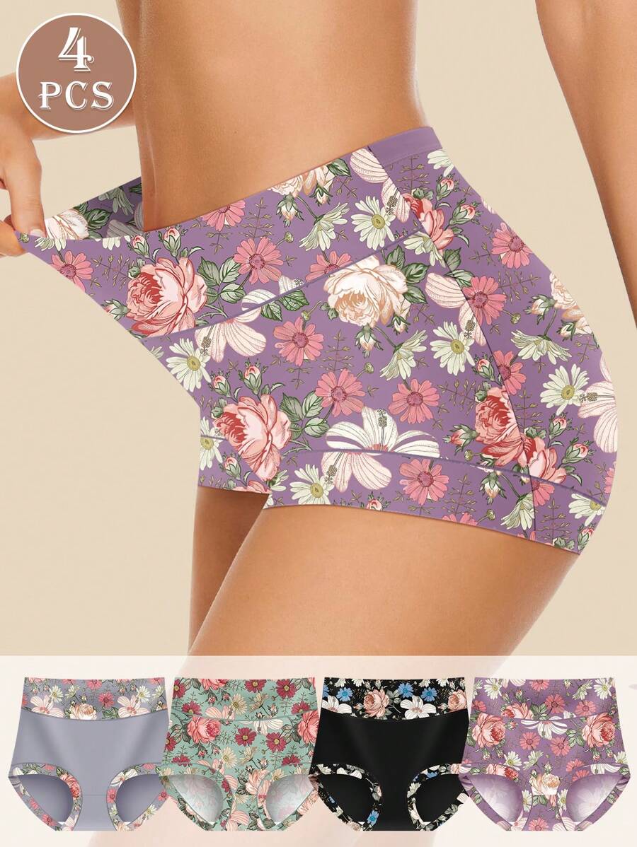 MIOTAN 4条装 女士无缝舒适透气中腰碎花三角裤