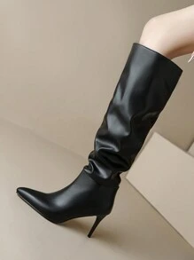 European & American Style 2024 Winter New Solid Color Thin High Heel Plus Size Pointed Toe Pull-On Knee High Boots Stage Shoes