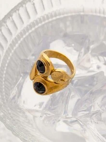 1 chiếc nhẫn bằng thép không gỉ chống gỉ mạ Zirconia sang trọng không đối xứng, nhẫn cá nhân cỡ lớn, tuyên bố kim loại tối giản thời trang và sáng tạo, trang sức chống nước cho nữ - Vàng - Xem 4