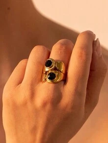 1 chiếc nhẫn bằng thép không gỉ chống gỉ mạ Zirconia sang trọng không đối xứng, nhẫn cá nhân cỡ lớn, tuyên bố kim loại tối giản thời trang và sáng tạo, trang sức chống nước cho nữ - Vàng - Xem 3