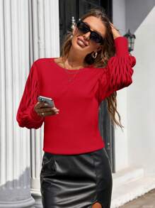 Women's Solid Color Crew Neck Long Sleeve Sweater, Autumn/Winter - Red - View 1