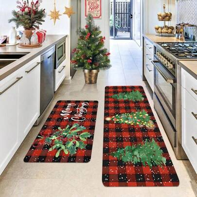 1/2 pièces Set de tapis de cuisine de Noël - Motifs sapin de Noël et tartan rouge, en polyester lavable en machine. Parfait pour la décoration de la maison et de la salle de bain pendant les fêtes de Noël