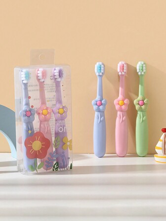 3pcs/Set Random Color Kids Manual Toothbrush 3-12 Years Old, Cute Floral Design Soft Bristle Baby Toothbrush For Cleaning