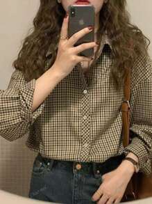 Camisa casual de mujer de manga larga a cuadros, de otoño, tops de manga larga