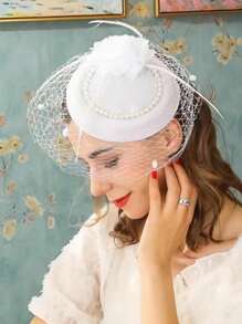 1 Stück Damenhut im europäischen und amerikanischen Stil mit Perlen, Retro Kopfschmuck mit Schleier und Federschmuck, Braut Haaraccessoire