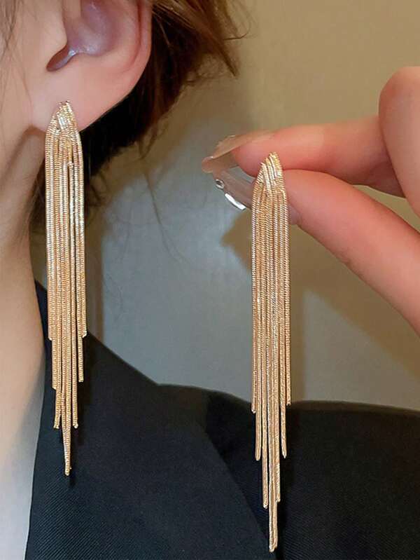 1pair European And American Fashion Metal V-shaped Long Tassel Needle Earrings For Women