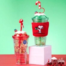 Miniso 圣诞派对系列双层塑料杯套装，480毫升，带可拆卸杯架（绿色） - 綠色 - 查看 1