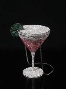 一款闪耀高贵的香槟酒杯造型晚宴包，优雅奢华的酒杯形女士水晶手拿包，镶钻“Cheers”字母，闪亮水晶镶嵌手拿包，全手工金属钻石晚宴钱包，适合派对和宴会（装不下手机） - 銀色 - 查看 3