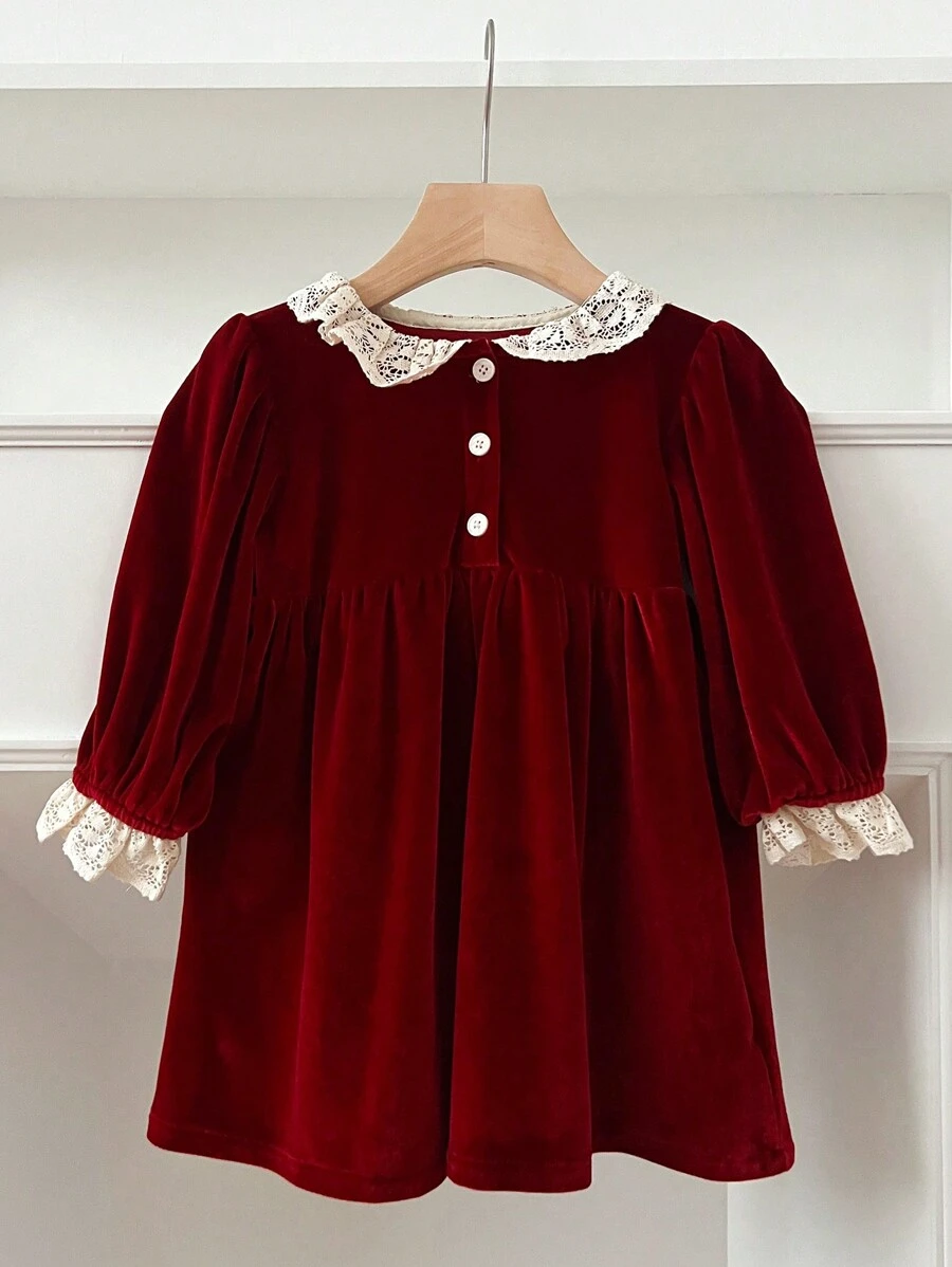 Young Girl Red Long Sleeve Sweet Lace Princess Dress, Christmas Version, Spring/Autumn