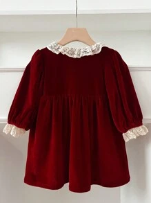 Young Girl Red Long Sleeve Sweet Lace Princess Dress, Christmas Version, Spring/Autumn