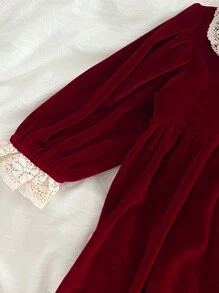 Young Girl Red Long Sleeve Sweet Lace Princess Dress, Christmas Version, Spring/Autumn