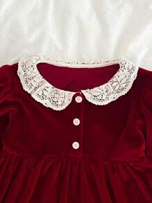 Young Girl Red Long Sleeve Sweet Lace Princess Dress, Christmas Version, Spring/Autumn