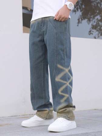 Retro Batik Farbverlauf Washed Jeans für Teenager Jungen, Loose Fit Lässig Gerade Bein Lange Hosen, Herbst/Winter Neuankömmling