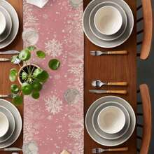1pc Pink Christmas Table Runner, Tabletop Decor, Winter Snowflake Tablecloth, Washable, Can Be Used As Vanity Scarf, Suitable For Kitchen, Christmas Holiday, Seasonal Leaf & Pinecone Pattern - Pink - View 9