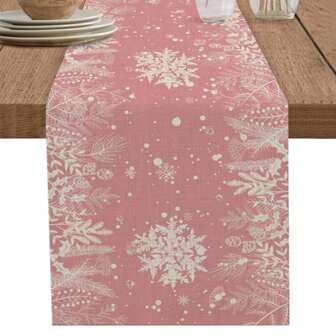 1pc Pink Christmas Table Runner, Tabletop Decor, Winter Snowflake Tablecloth, Washable, Can Be Used As Vanity Scarf, Suitable For Kitchen, Christmas Holiday, Seasonal Leaf & Pinecone Pattern