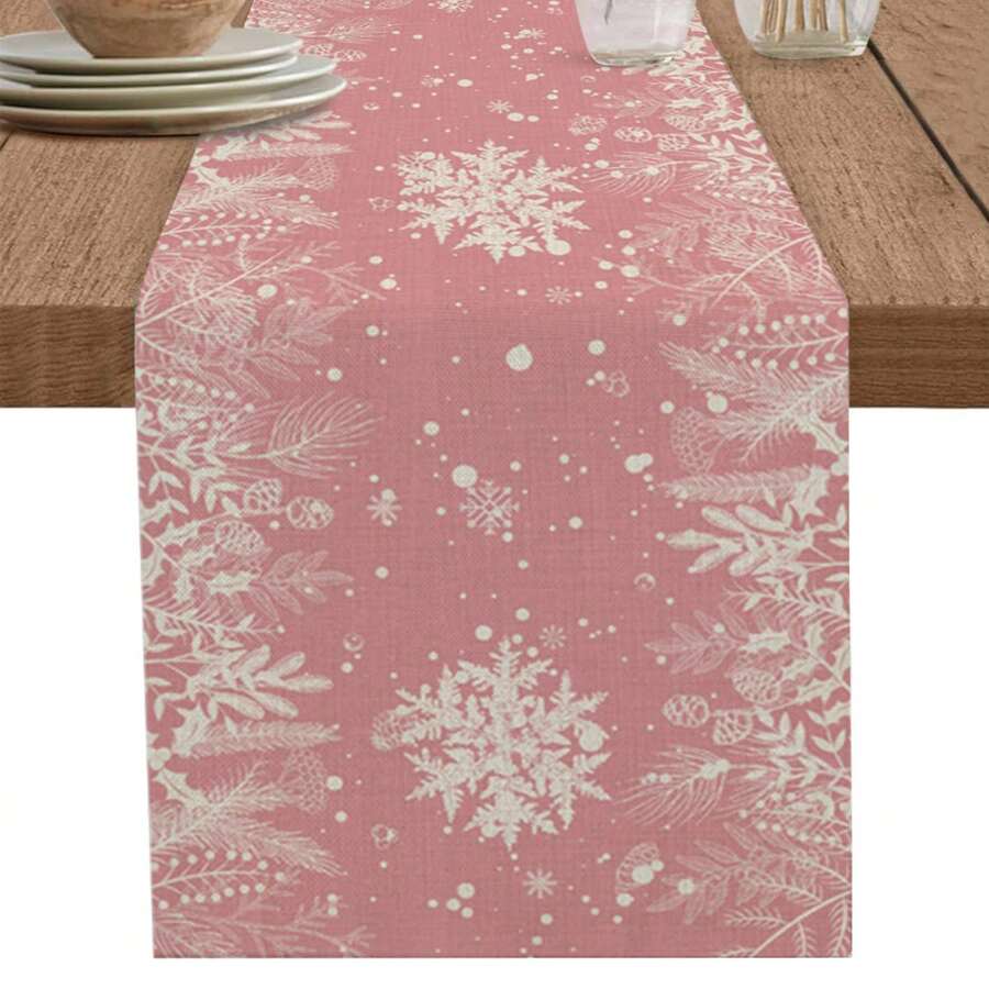 1pc Pink Christmas Table Runner, Tabletop Decor, Winter Snowflake Tablecloth, Washable, Can Be Used As Vanity Scarf, Suitable For Kitchen, Christmas Holiday, Seasonal Leaf & Pinecone Pattern - Pink - View 1