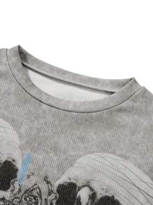 Women  T-Shirt, Halloween Skulls Cross Print Round Neck Long Sleeve Relax Fit Casual Tops For Females, Gray - Grey - View 5