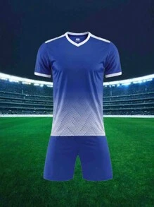 Customized Children's And Teenagers' Football Set (8-12 Years Old) - Personalized Jersey And Shorts Set With Customizable Logos, Numbers, And Text Content. Customized Football And Running Jerseys | Freely Printed Name And Number Team Badges | Multiple Colors To Choose From, Sports Training, Running, Football, Outdoor Casual Wear - Blue - View 2