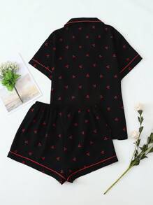 樱桃印花睡衣套装、甜美可爱翻领纽扣上衣和蝴蝶结短裤、女士睡衣和家居服 - 黑色 - 查看 2