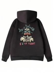 女士宽松休闲卡通小鸭印花连帽运动衫，百搭秋冬季长袖上衣 - 黑色 - 查看 5