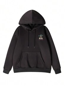 女士宽松休闲卡通小鸭印花连帽运动衫，百搭秋冬季长袖上衣 - 黑色 - 查看 4