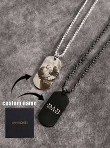 Collar personalizado con foto, placa de identificación de perro de acero inoxidable negro/plateado - Texto personalizado grabado, recuerdo en forma de corazón/circular/cuadrada con colgante de foto