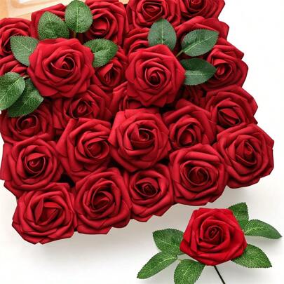Red Roses Artificial Flowers, Dark Red Roses Real Touch Foam Fake Roses Bulk With Stem DIY Craft Flowers For Wedding Bridal Bouquets Centerpieces Arrangement Party Home Decorations