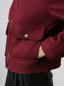 复古办公室女士波尔多红色柔软飞行员夹克女式长袖口袋拉链外套时尚2025秋冬圣诞装 - 酒紅色 - 查看 7