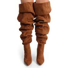 Over The Knee Wide Calf Slouchy Chunky Heel Boots - Brown - View 4