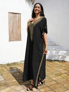 黑色刺绣V领宽松休闲睡袍 - 黑色 - 查看 7