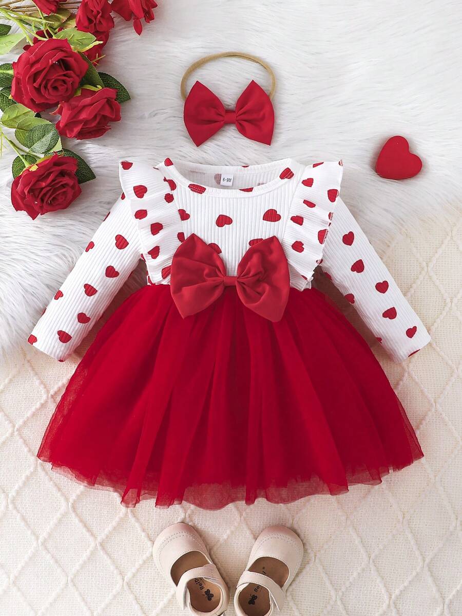 Baby Girls Cute Casual Heart Print Bow Decor Mesh Contrast Dress & Headband Set - Red - View 1