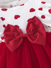 Baby Girls Cute Casual Heart Print Bow Decor Mesh Contrast Dress & Headband Set - Red - View 5