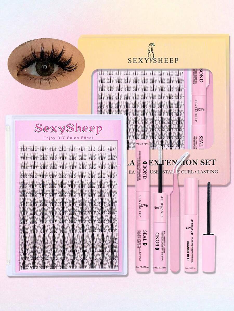 SEXYSHEEP 140片D型卷翘蓬松假睫毛混合套装，卷翘、纤长、浓密效果，不掉发，柔软自然，10-16毫米混合DIY睫毛簇，自然轻盈持久，DIY睫毛嫁接套装包含胶水、定型液、卸除工具和镊子，适合初学者在家或户外使用，适用于日常生活、派对、音乐节等场合。睫毛簇套装，假睫毛，假睫毛 - 黑色 - 查看 1