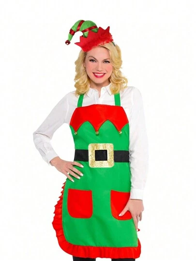 2件套圣诞围裙+圣诞弯铃铛头箍套装，饰有铃铛，适合圣诞节、化装舞会、新年庆祝活动、家庭烹饪等各种场合，围裙尺寸适合大多数成年人（圣诞服装男女皆宜）。