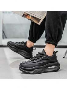 4-Season Outdoor Comfortable Casual Niche Bread Plus Size Men's Shoes, Color Block Air Cushion Low Top Thick Sole Chunky Sneakers - Black - View 8
