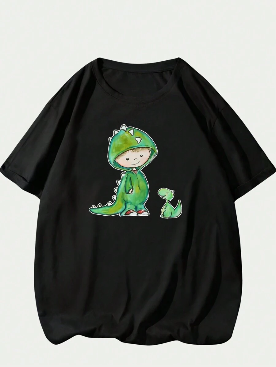 Printed T-Shirt For Boys With Dinosaur Clothes Unisex Comfort Short Sleeve - màu đen - Xem 1