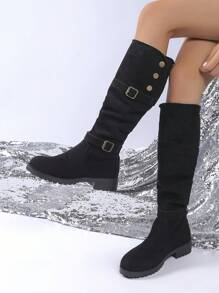 Women's Knee-High Boots, Comfortable & Versatile, Fashionable Leopard Print, Suitable For Casual Occasions, Flat Heel, Rubber Outsole, Fabric Upper, Button Design