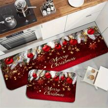 1/2pcs Christmas Kitchen Mat, Kitchen Entrance Rug, Upgraded Polyester Floor Mat, Holiday Season Pattern Printed Floor Mat, Bedside Rug, Non-Slip Laundry Room Floor Mat, Machine Washable Absorbent Door Mat, Suitable For Living Room And Laundry Room