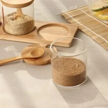 3pcs/Set Bamboo & Wood Spice Jar Set, Decorative Storage Glass Containers With Bamboo Lids, Spoons And Stands, For Home Kitchen Cafe To Store Salt, Sugar, Pepper And Other Spices