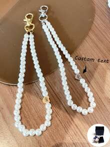 Cordón para celular con colgante de corazón de perlas falsas elegante personalizado (incluye almohadilla para la correa del teléfono) - personalizable con nombres, lemas, fechas, adecuado para regalos de cumpleaños, aniversario y uso diario